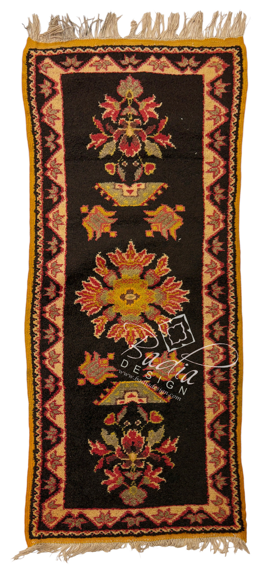 Small Moroccan Black and Red Floral Runner Rug