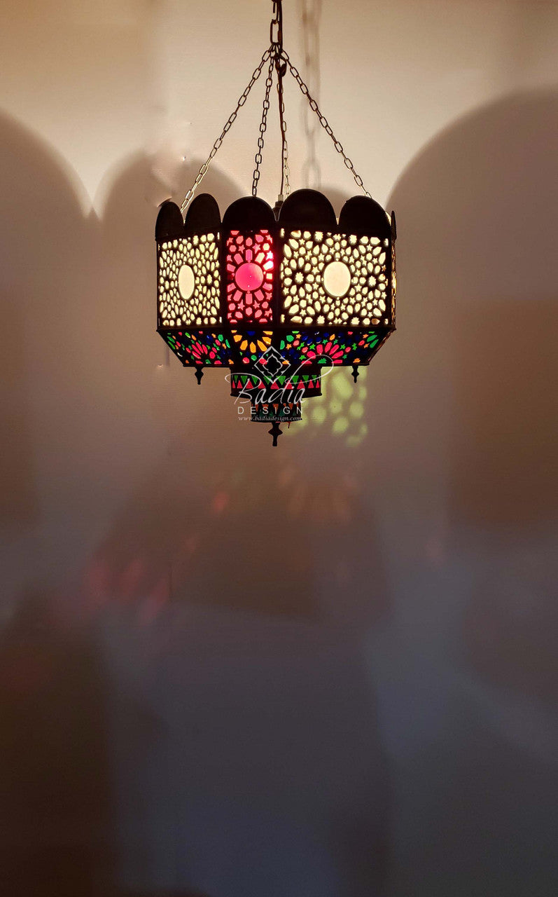 Small Vintage Brass Chandelier with Multi Color Glass