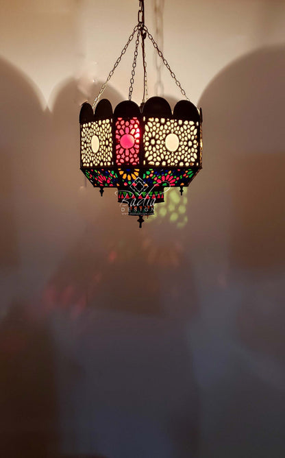 Small Vintage Brass Chandelier with Multi Color Glass
