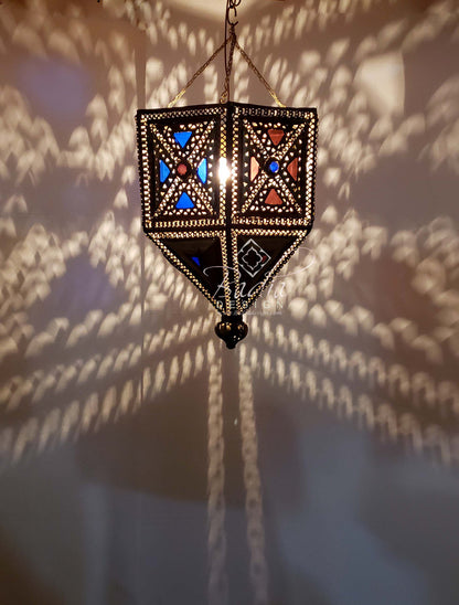 Vintage Silver and Bronze Chandelier with Multi Color Glass