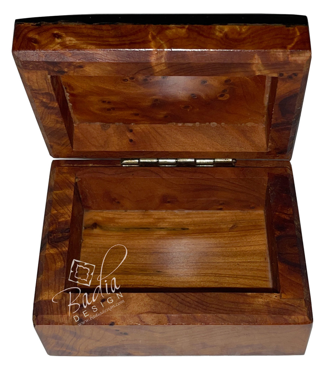 Small Thuya Wood Jewelry Box with Mother of Pearl Inlay with open lid