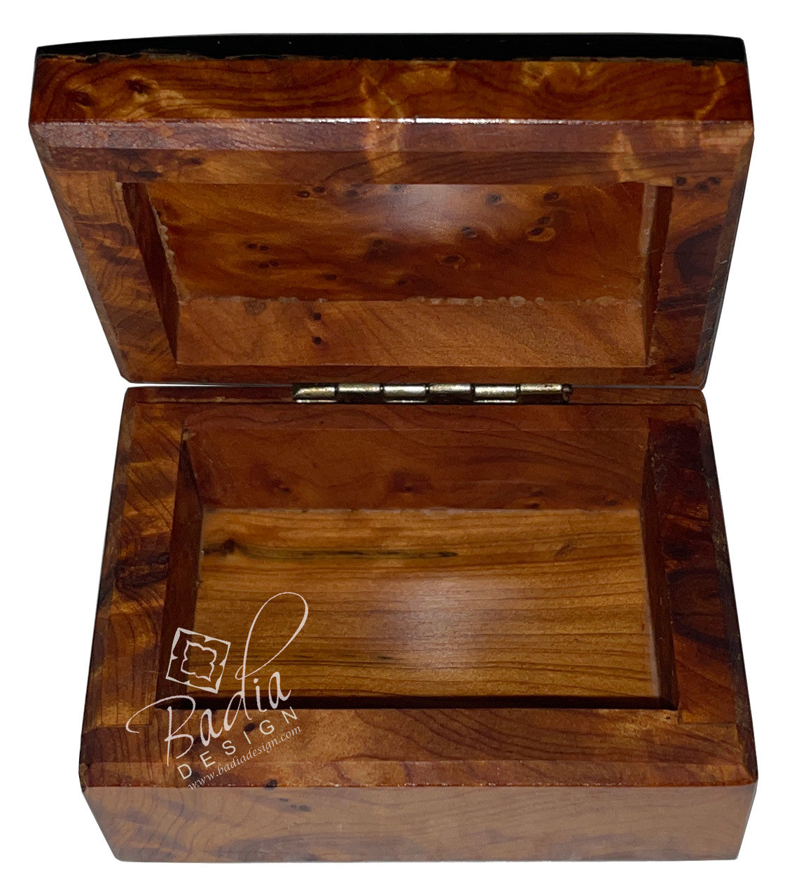 Small Thuya Wood Jewelry Box with Mother of Pearl Inlay with open lid