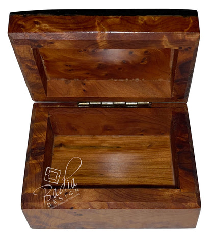 Small Thuya Wood Jewelry Box with Mother of Pearl Inlay with open lid