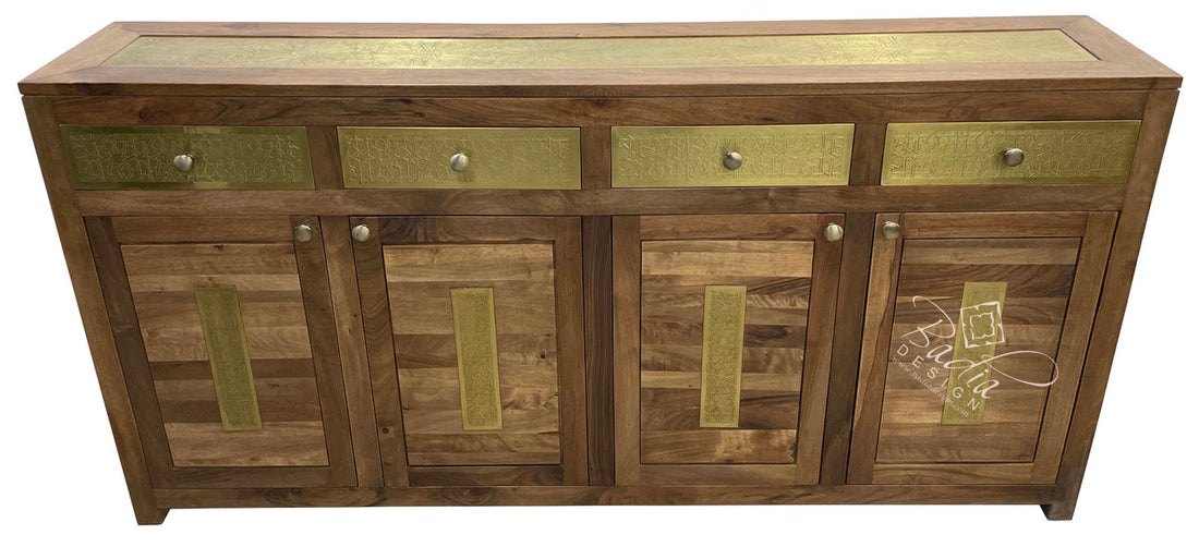 Dark Stained Carved Cedar Wood Cabinet with Embossed Brass Inlay