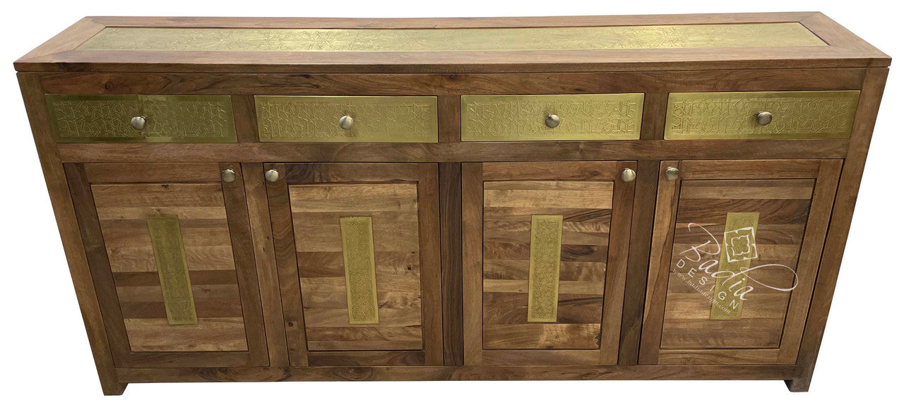 Dark Stained Carved Cedar Wood Cabinet with Embossed Brass Inlay