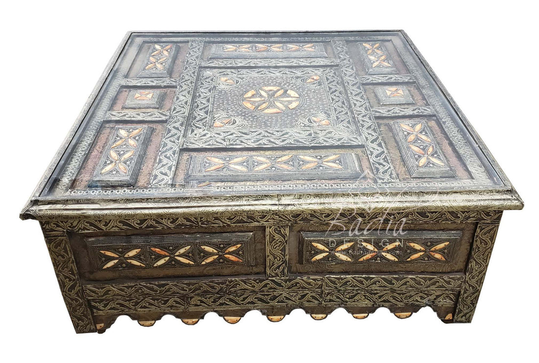 Square Metal and Bone Table with Glass Top