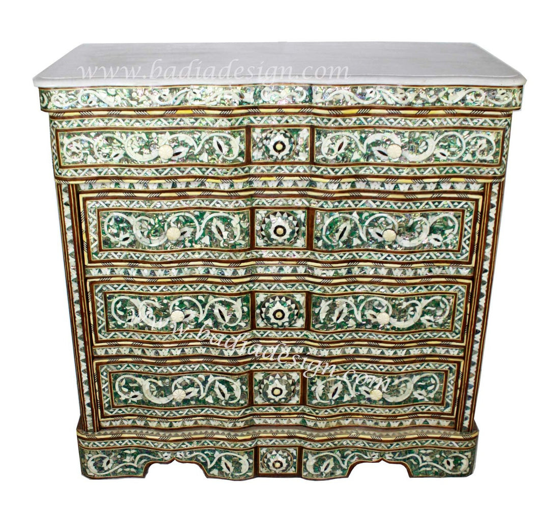 Syrian Mother of Pearl Inlay Dresser with White Marble Top