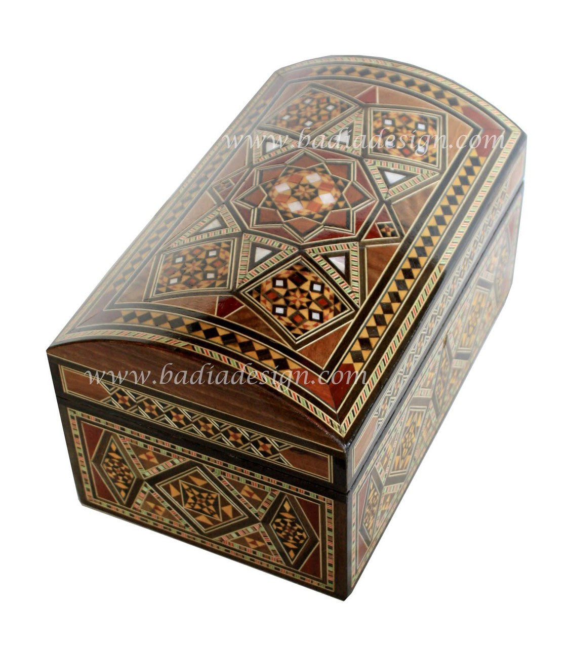 Decorative wooden box with geometric patterns on a white background