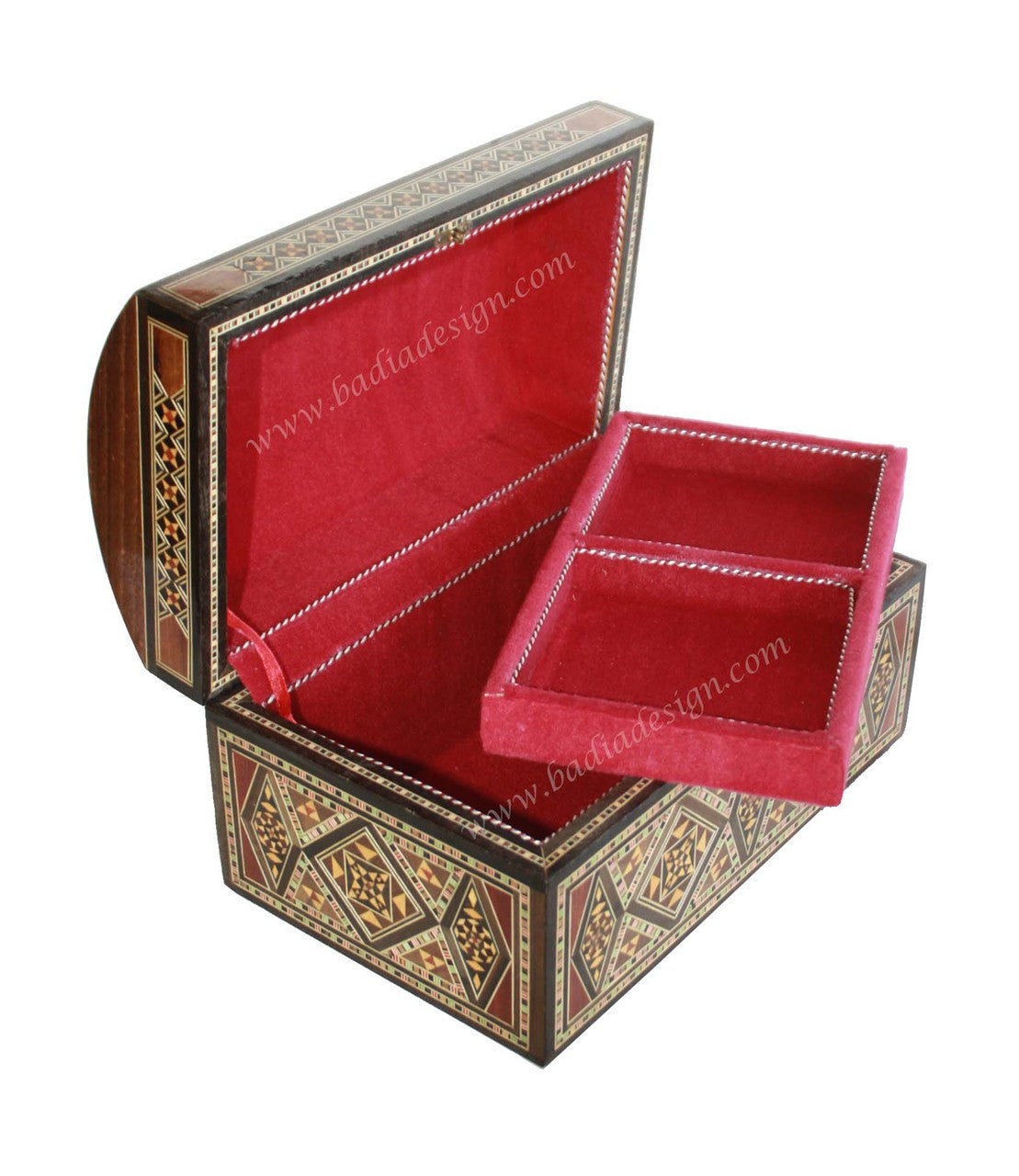 Decorative jewelry box with red interior and intricate patterns on a white background