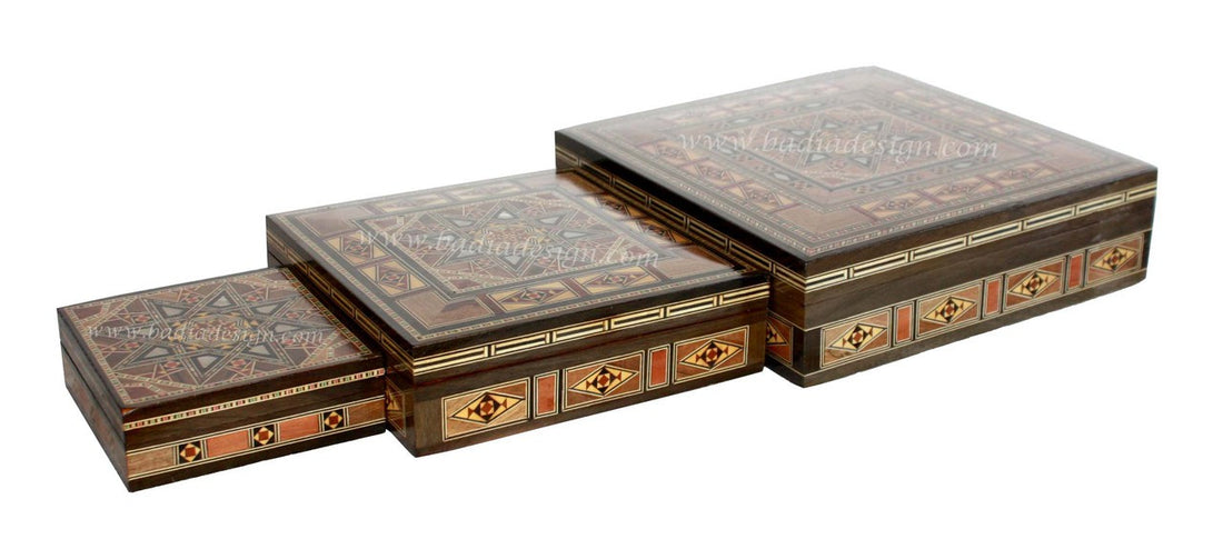 Three Square Shaped Moroccan Inlaid Wooden Jewelry Box