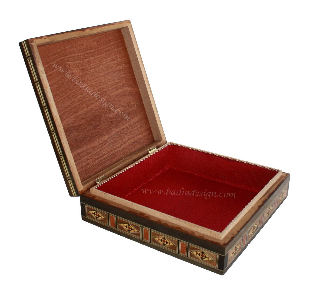 Wooden jewelry box with red interior on a white background