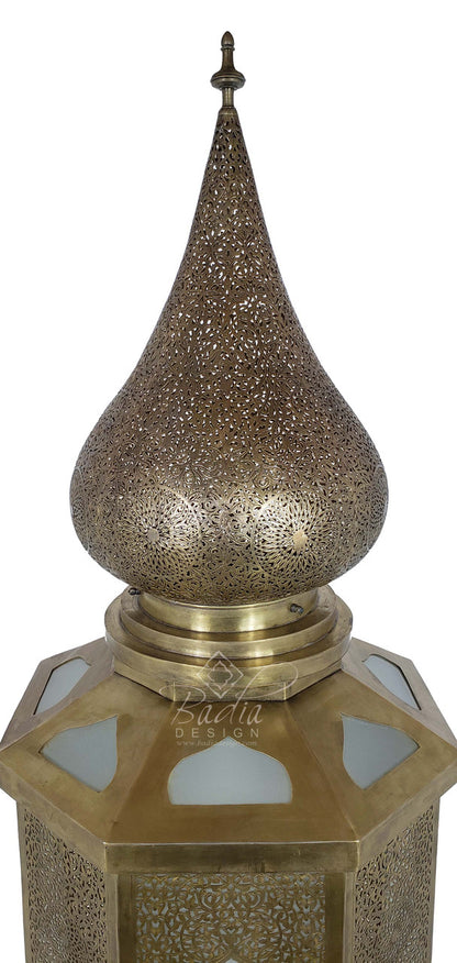 Tall Brass Floor Lantern with White Glass