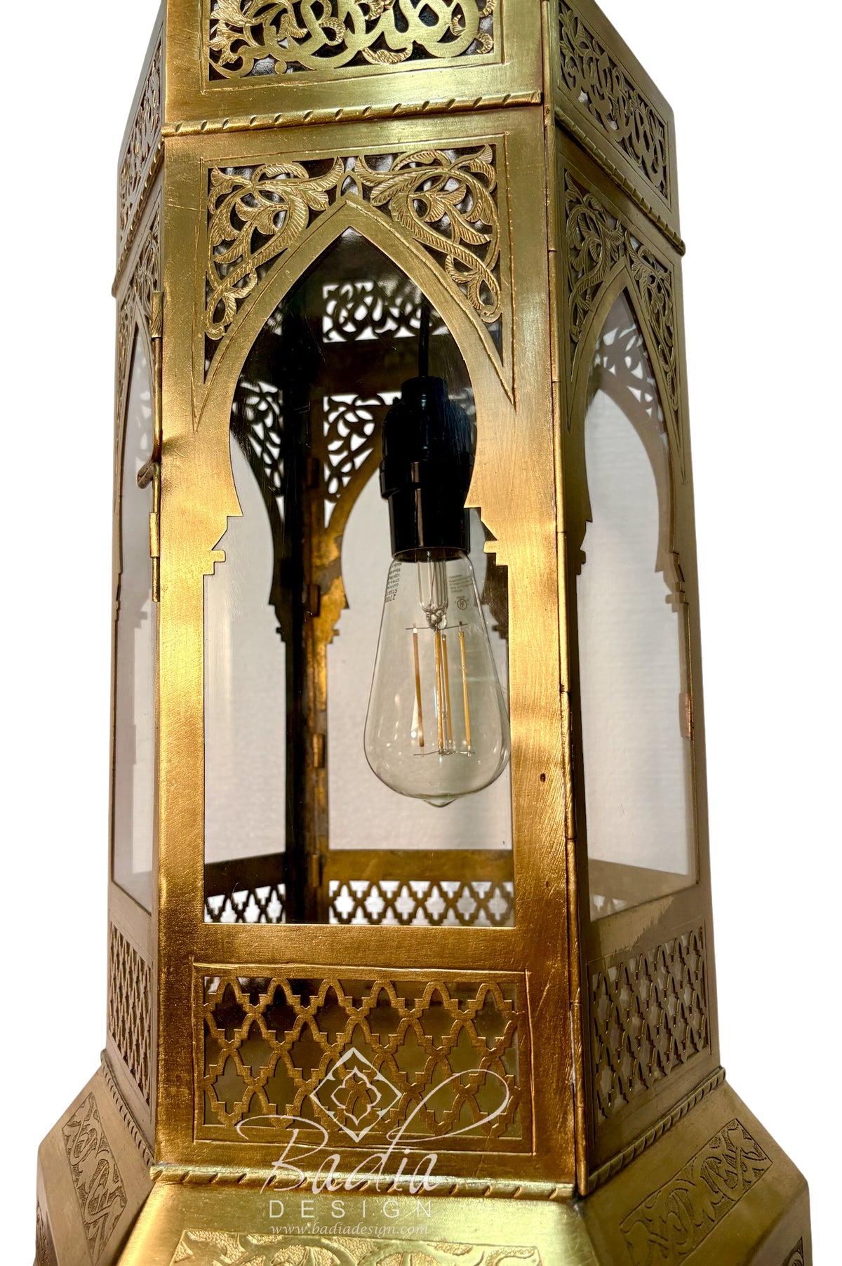 Tall Brass Floor Lantern with Clear Glass Panels