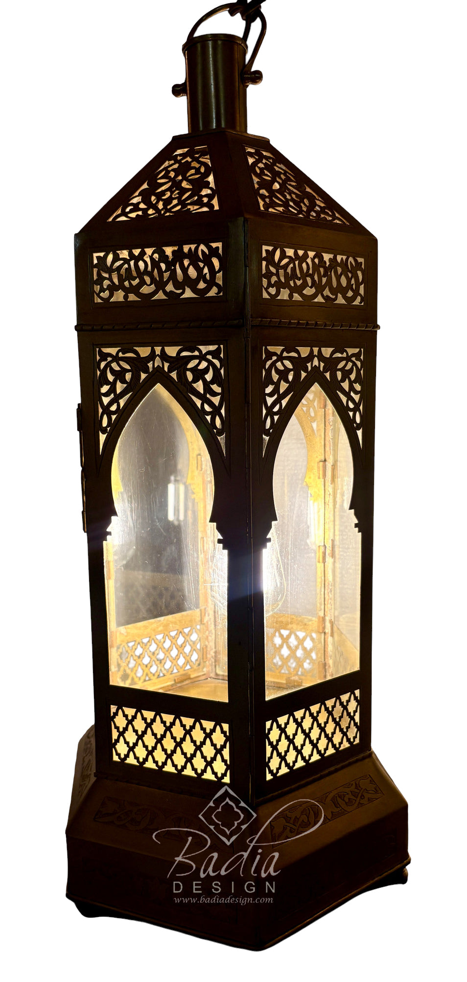 Tall Moroccan Brass Floor Lantern with Clear Glass Panels