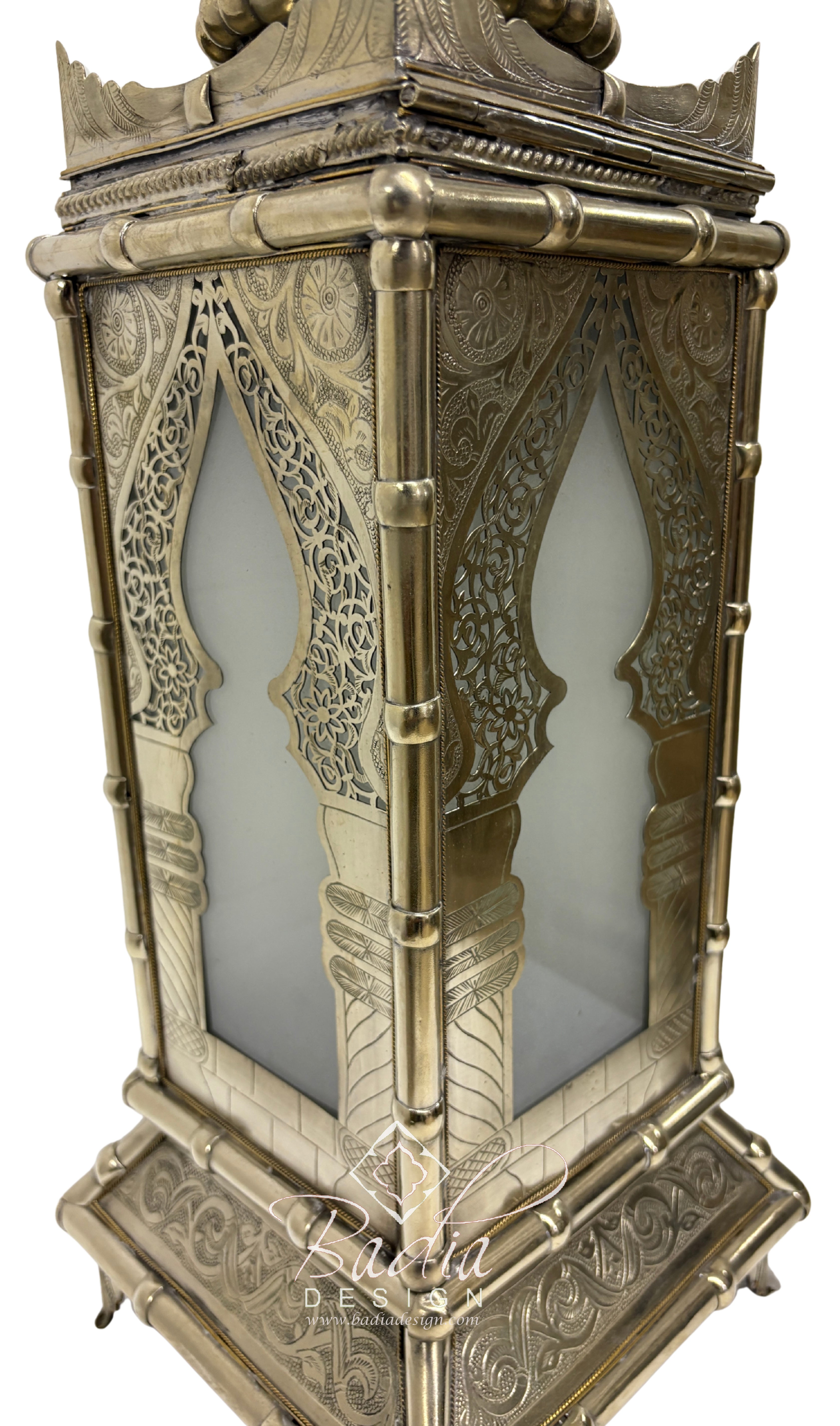 Tall Brass Floor Lantern with Teal Ceramic Decor