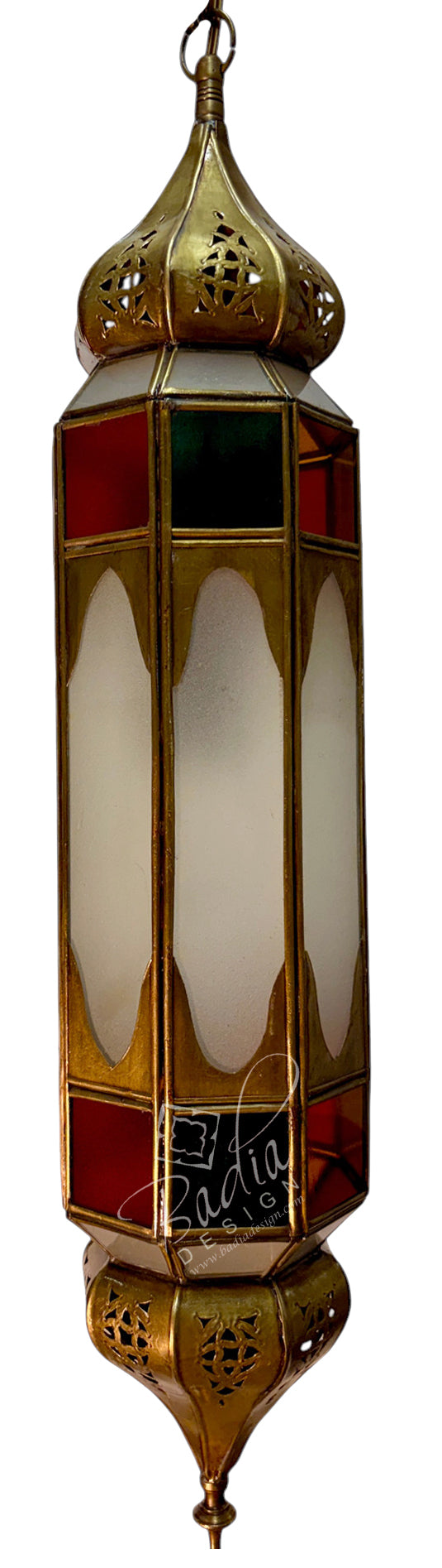An ornate hanging lantern with a brass-gold metal frame and red, green, and white stained glass panels, shown against a plain white background.