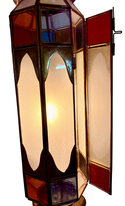 Tall Brass Hanging Lantern with Multicolor Glass
