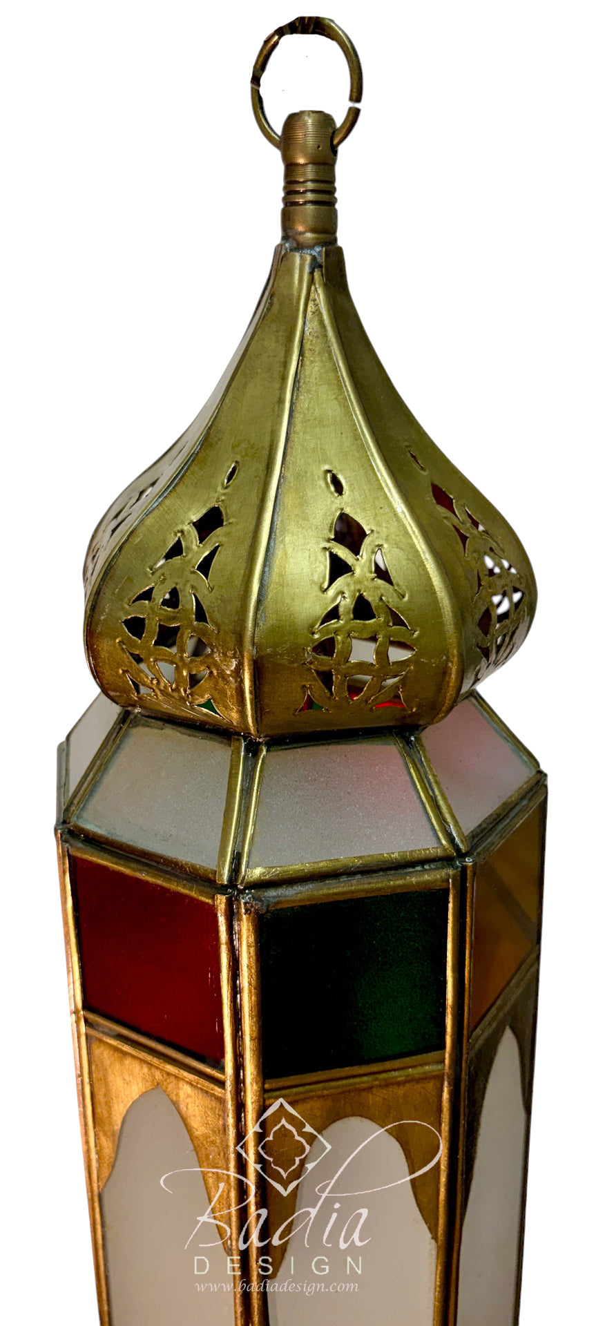 Tall Brass Hanging Lantern with Multicolor Glass