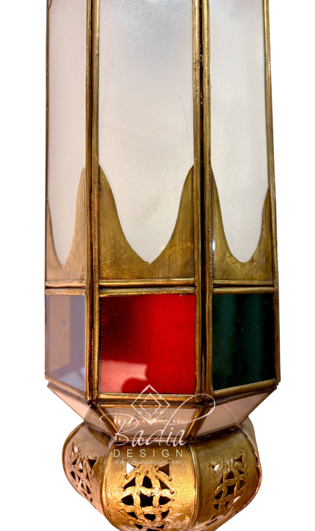 Tall Brass Hanging Lantern with Multicolor Glass