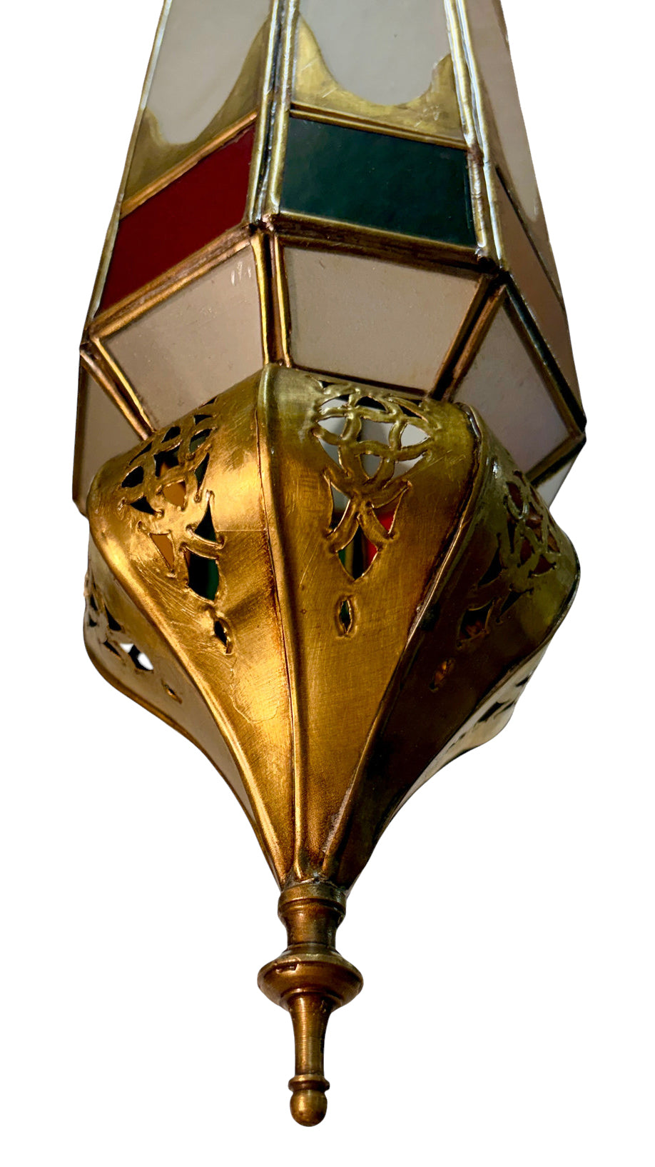 Tall Brass Hanging Lantern with Multicolor Glass