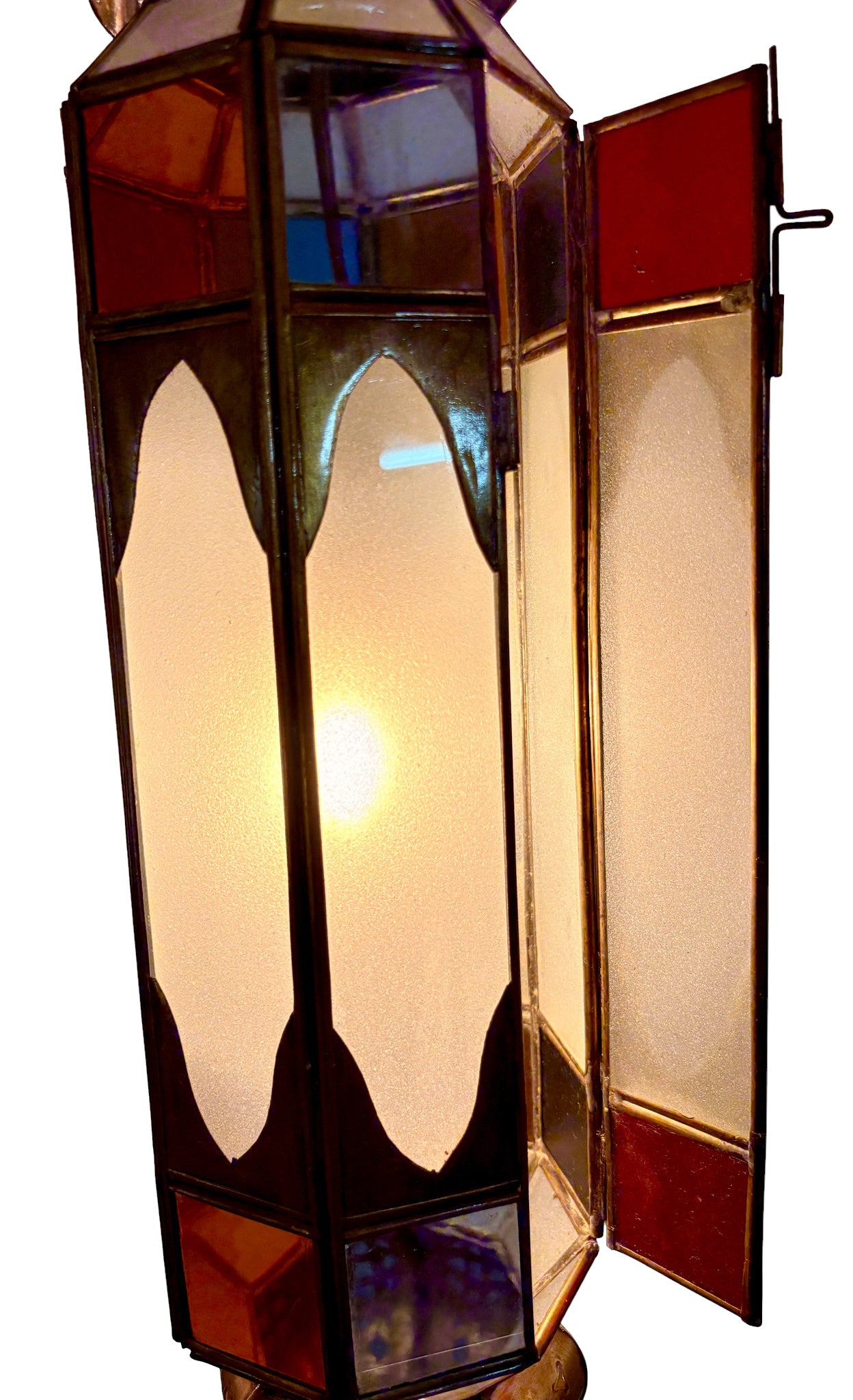 Tall Brass Hanging Lantern with Multicolor Glass