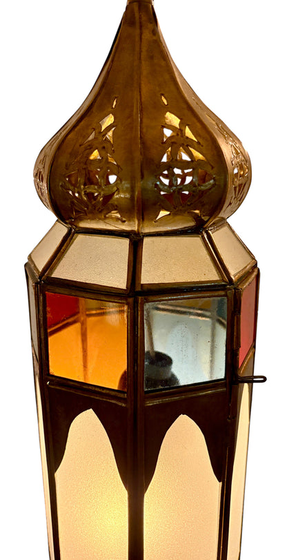 Tall Brass Hanging Lantern with Multicolor Glass