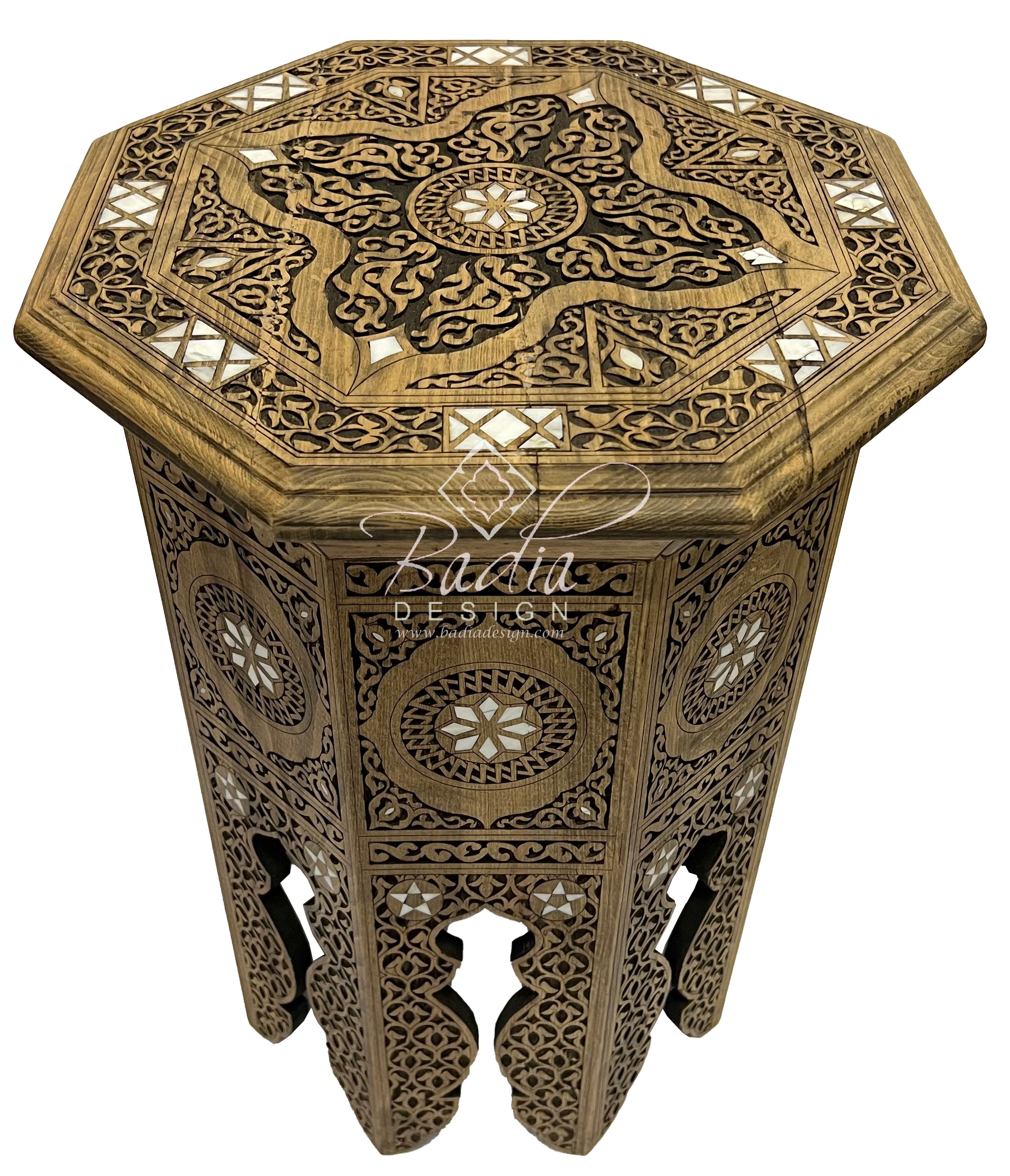 Tall Moroccan Hand Carved Side Table with Mother of Pearl Inlay