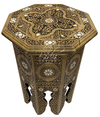 Tall Moroccan Hand Carved Side Table with Mother of Pearl Inlay