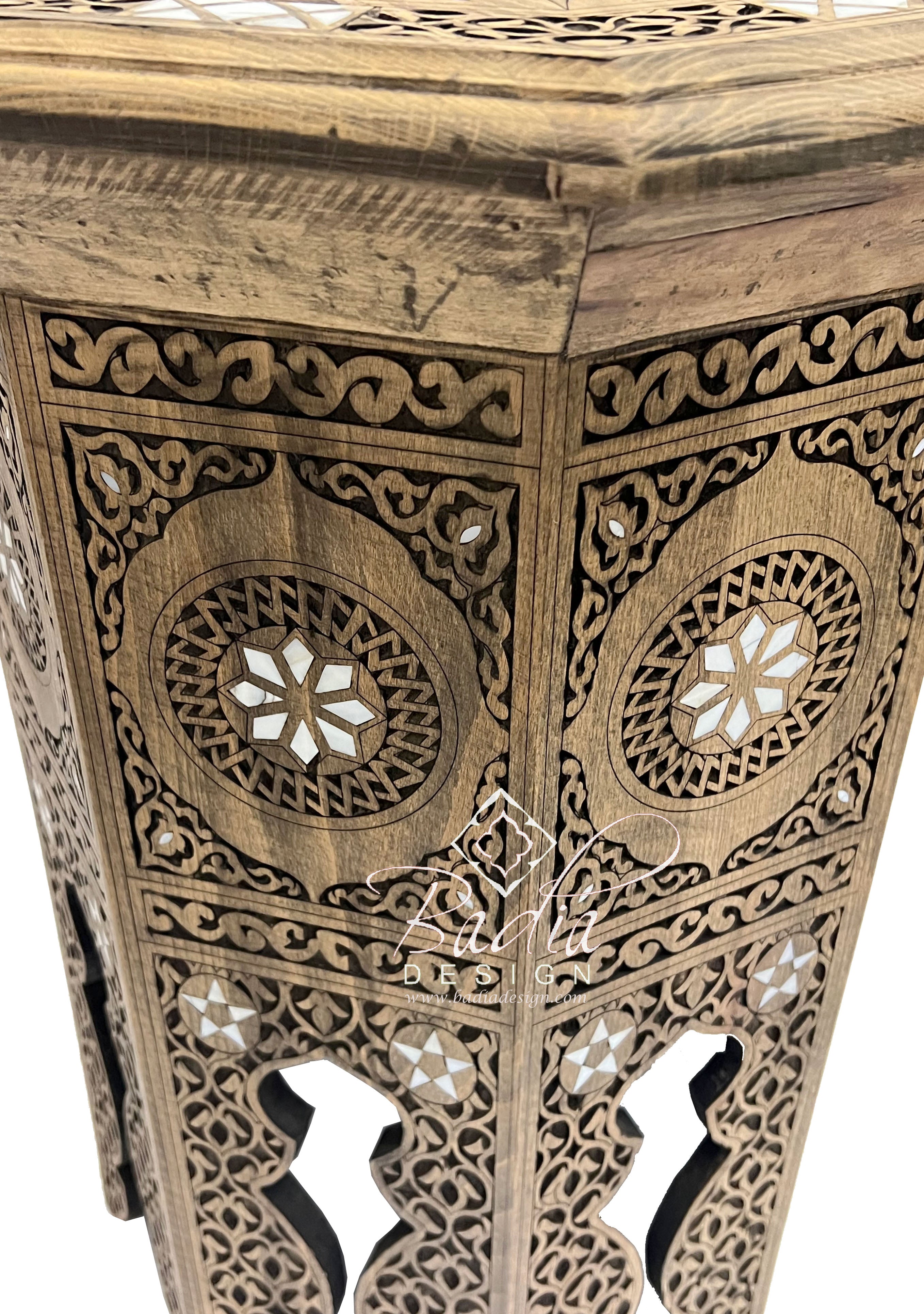 Tall Carved Side Table with Mother of Pearl Inlay