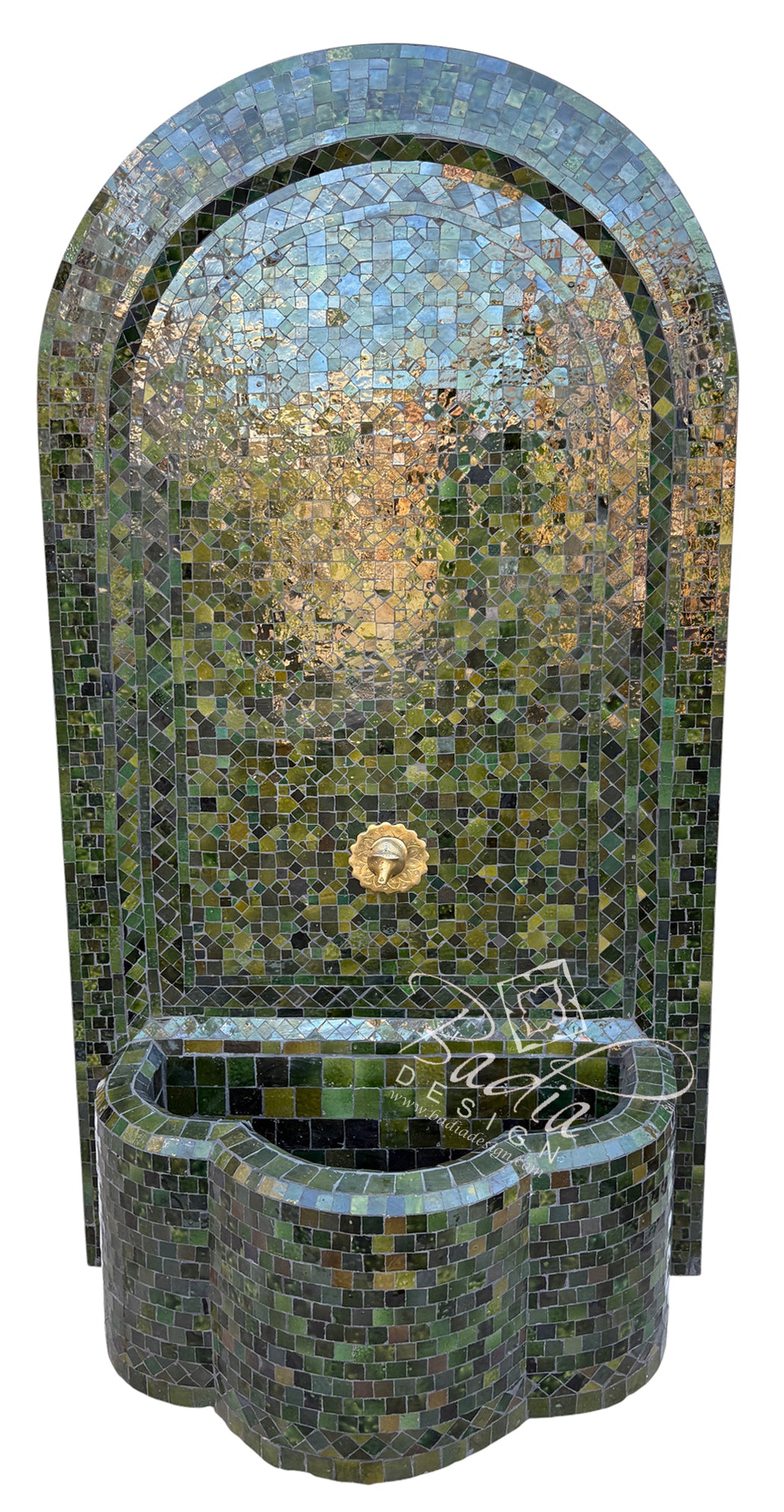 A green tall mosaic fountain wall basin with an arched back panel and integrated lower basin, covered in green, blue, and gold reflective tiles with a small gold central spout.