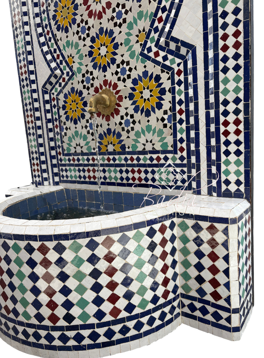 Mosaic-tiled fountain with geometric and floral patterns