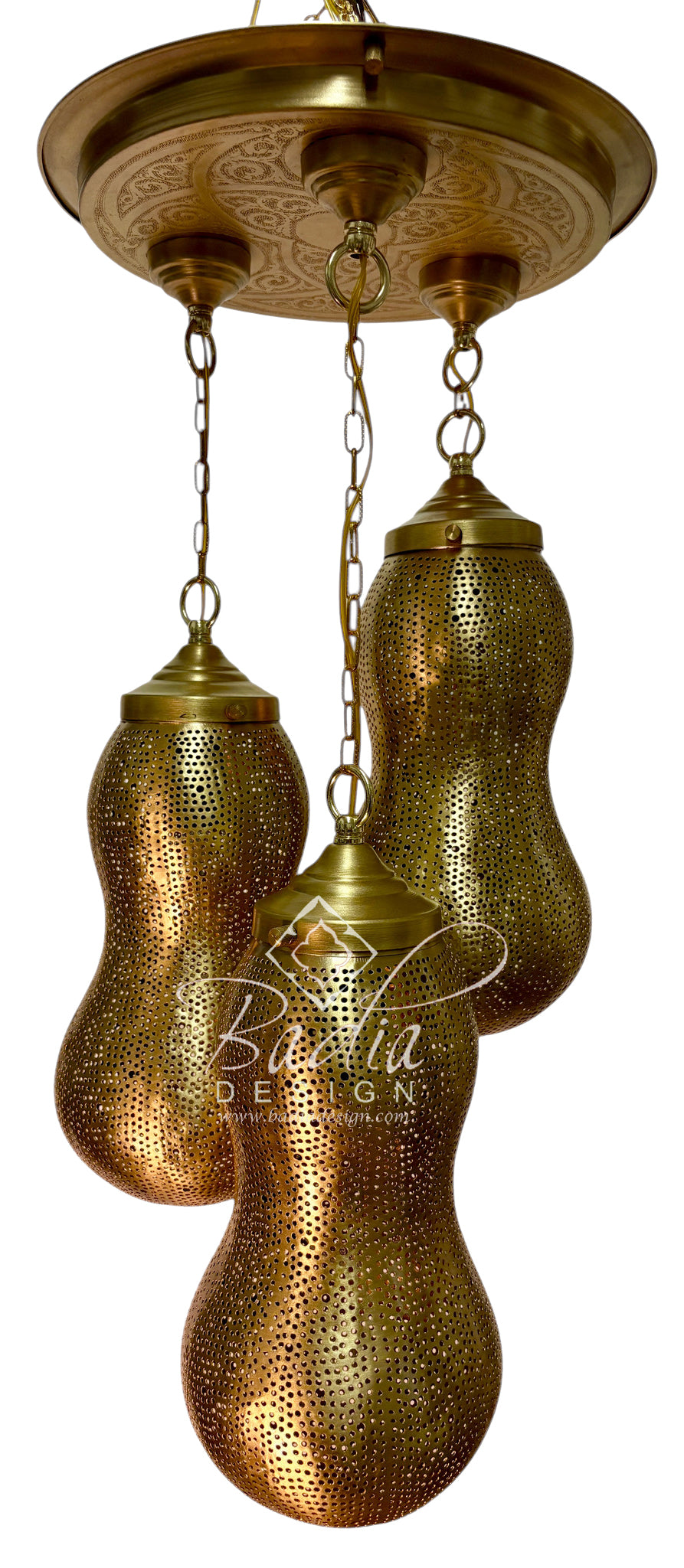 A brass three-light pendant chandelier with textured, hammered metal globes hanging from a round ceiling canopy, shown against a plain white background.