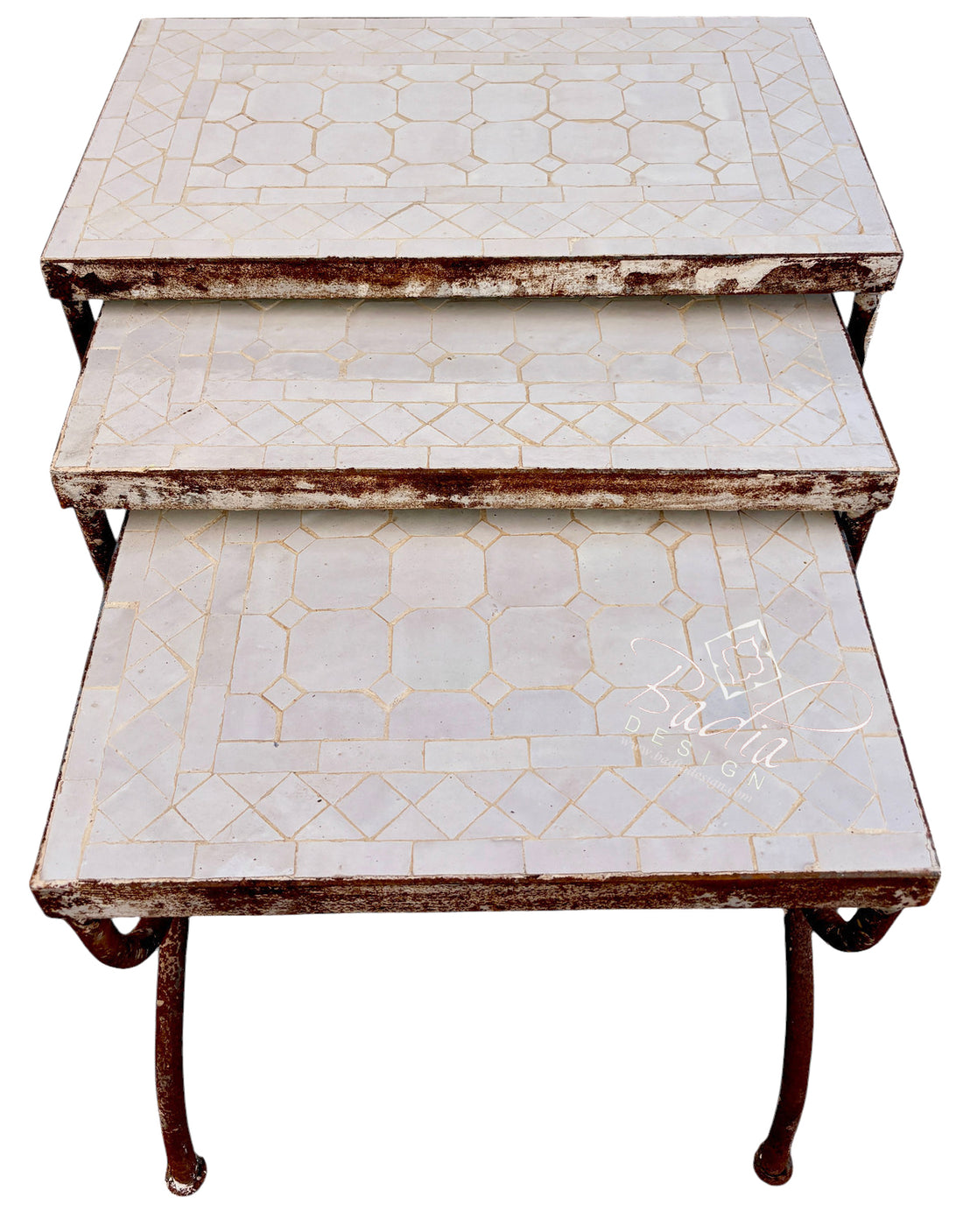 A three-tier nesting side table with distressed white mosaic tile tops and dark brown metal legs, shown against a plain white background.
