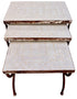 A three-tier nesting side table with distressed white mosaic tile tops and dark brown metal legs, shown against a plain white background.