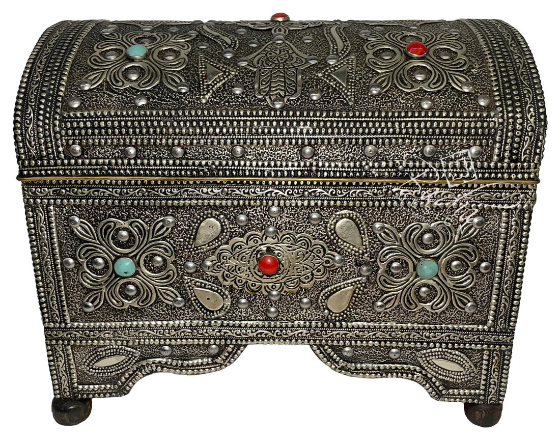 Vintage Moroccan Metal and Bone Inlay Box