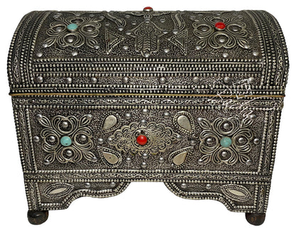 Vintage Moroccan Metal and Bone Inlay Box