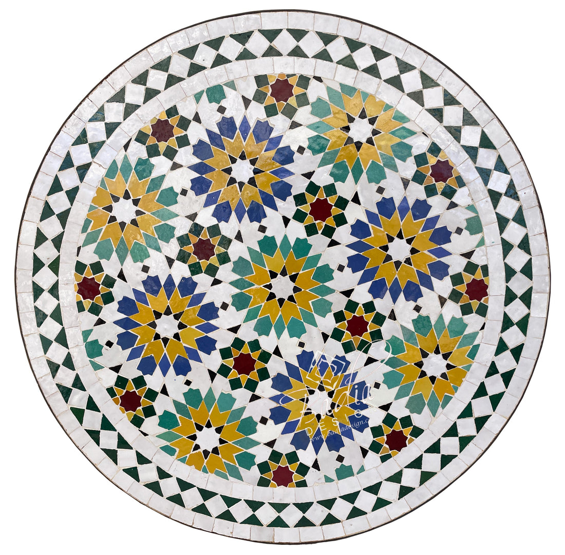 Moroccan White and Multi-Color Round Tile Table Top with Intricate Design