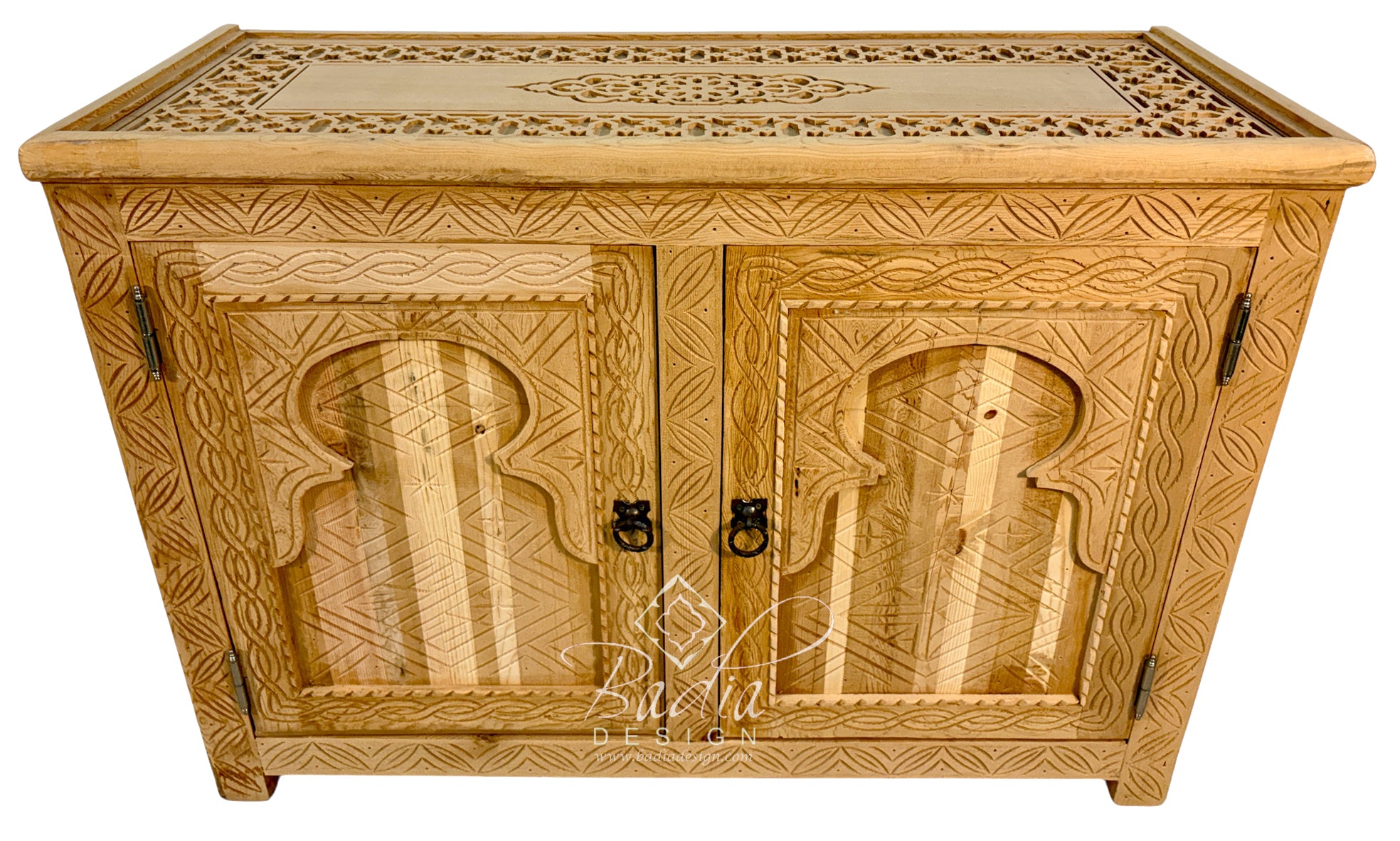 Unfinished Moroccan Carved Wood Two-Door Cabinet with a white background.