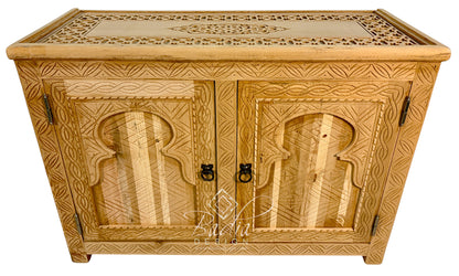 Unfinished Moroccan Carved Wood Two-Door Cabinet with a white background.