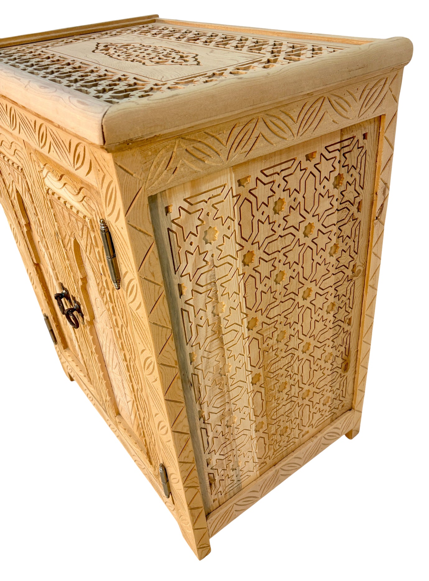 Unstained Hand-Carved Wooden Cabinet