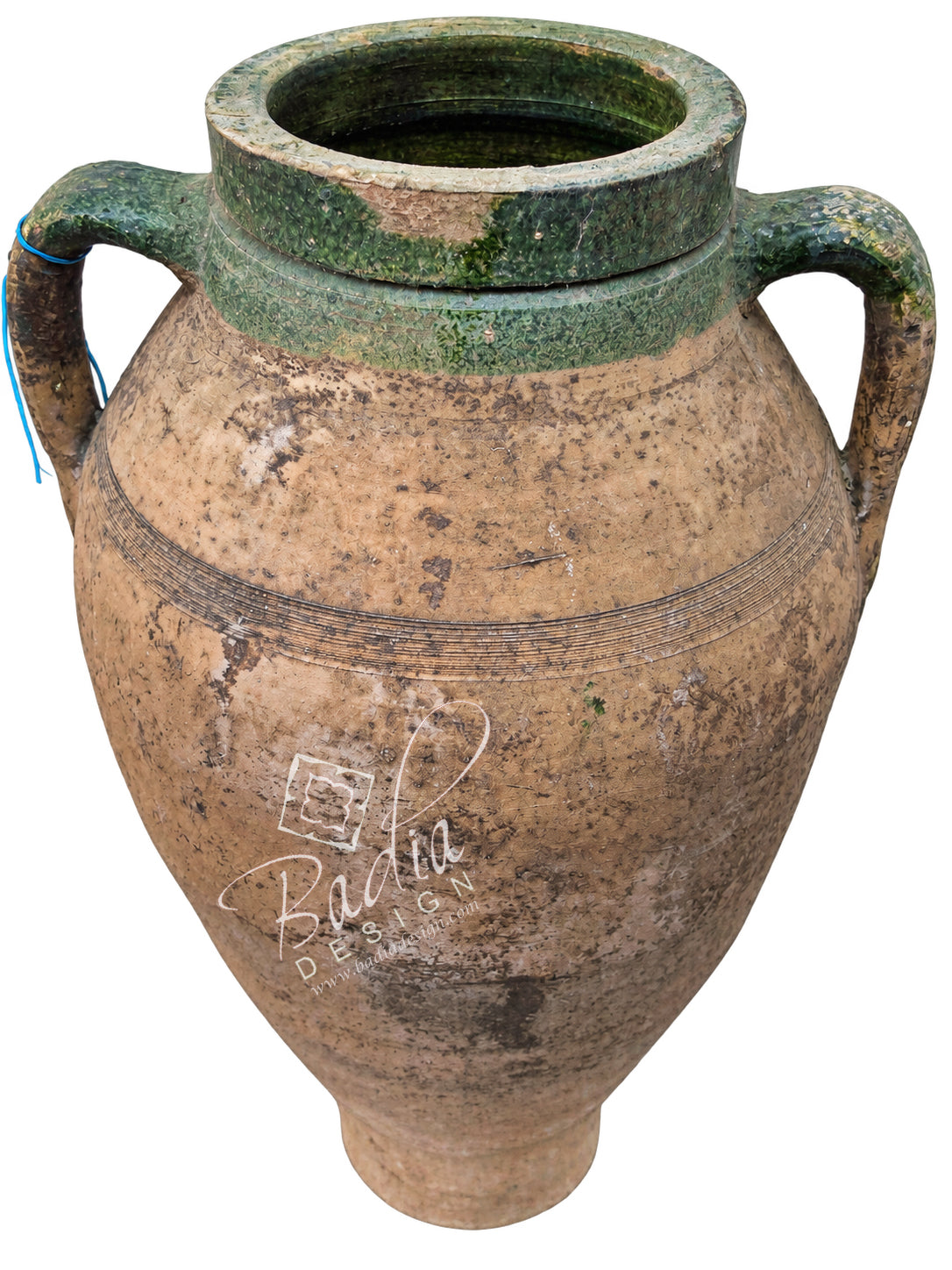 Vintage Moroccan Beige and Green Clay Planter with Handles