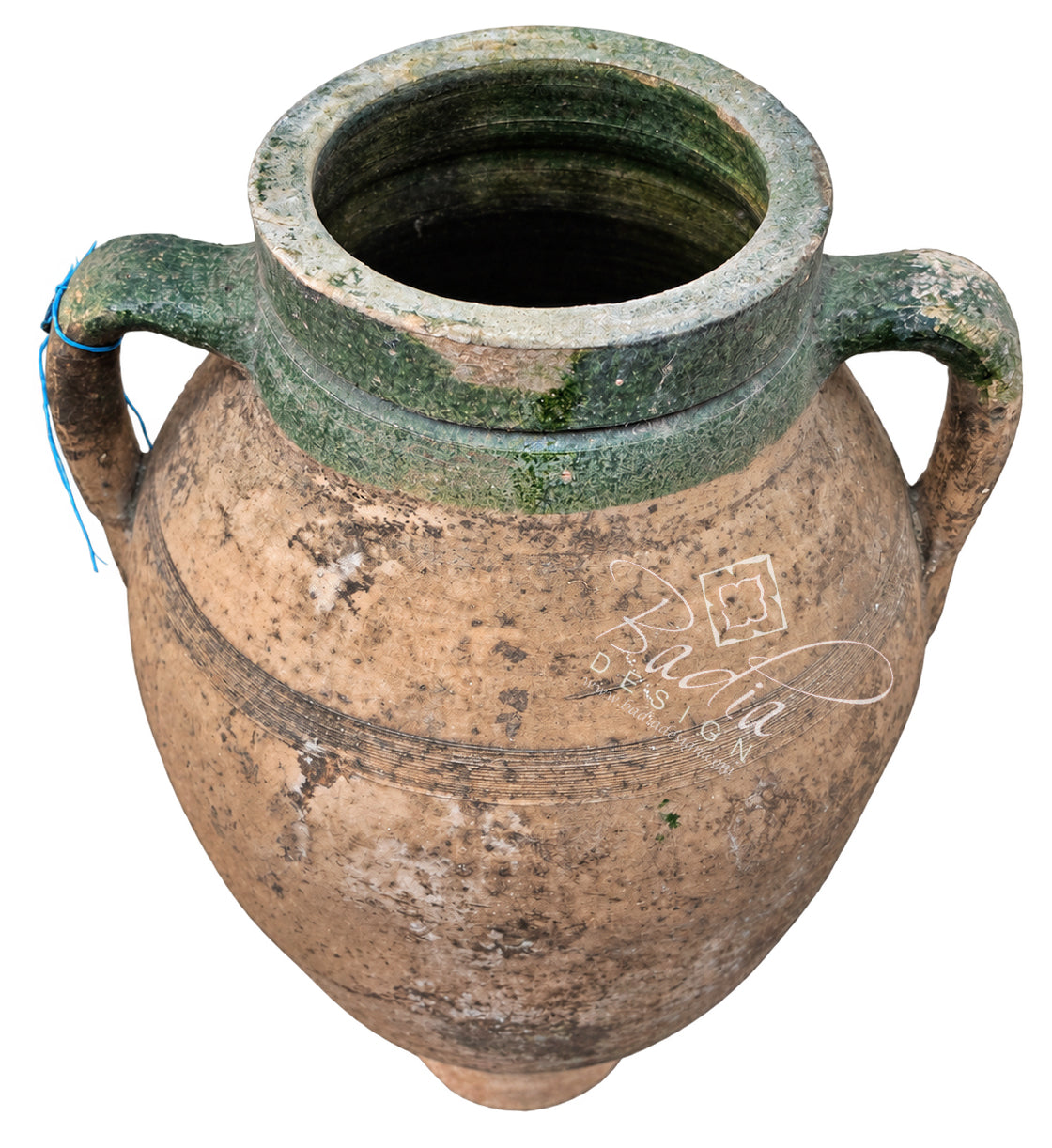Vintage Moroccan Beige and Green Clay Planter with Handles