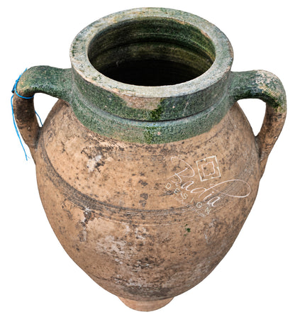 Vintage Moroccan Beige and Green Clay Planter with Handles