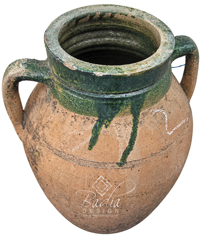 Vintage Moroccan Beige and Green Clay Planter with Handles