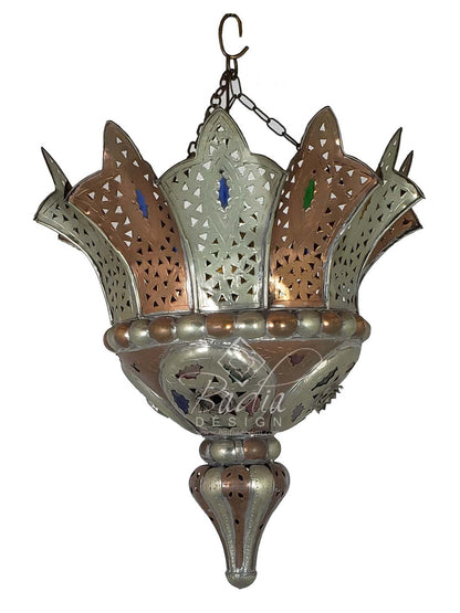 Moroccan Brass and Silver Lamp with Glass Eyelets
