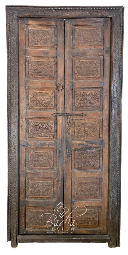Vintage Moroccan Hand Carved Wooden Door