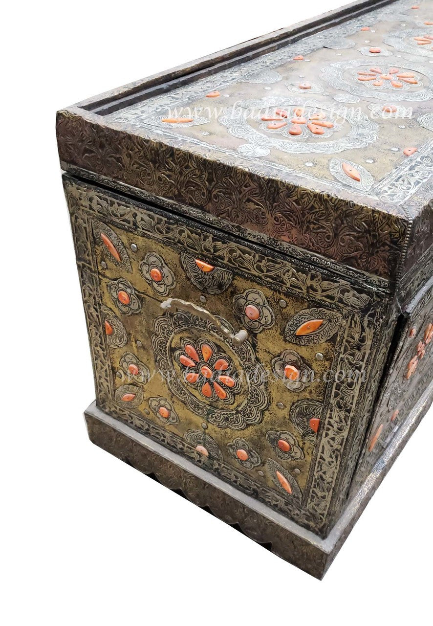 Vintage Embossed Metal Orange Bone Inlay Trunk