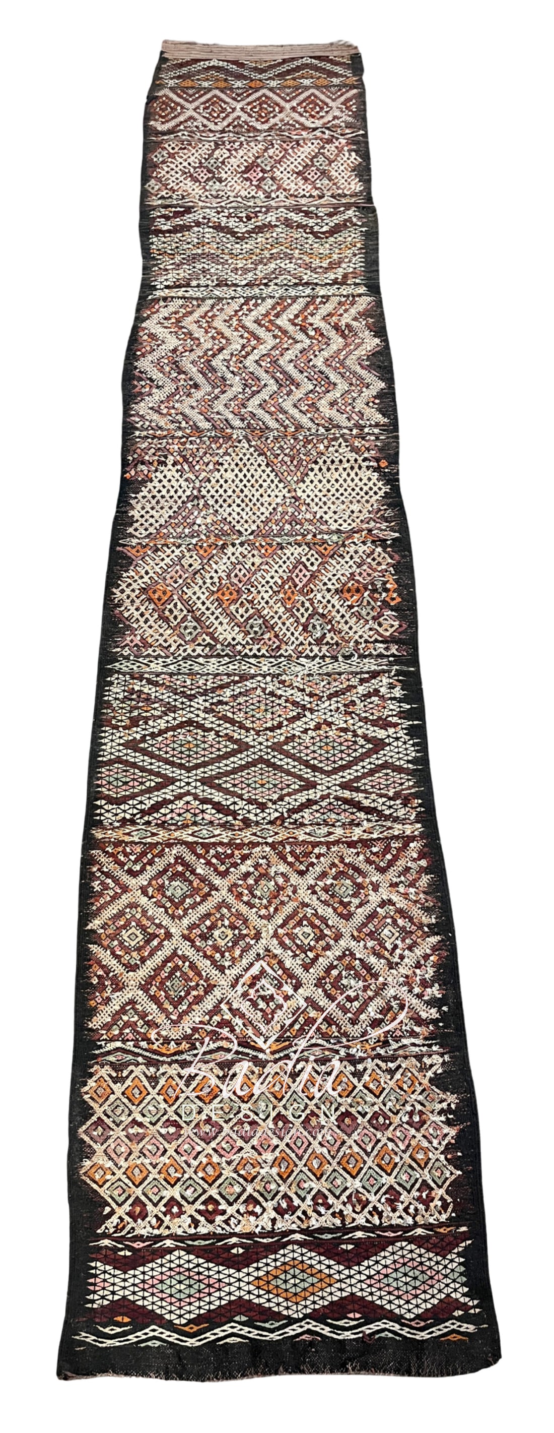 Vintage Runner Rug with Dark Brown and Burgundy Design