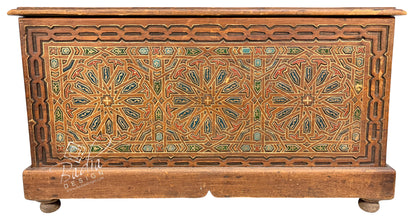 Vintage-Style Moroccan Wooden Trunk with Hand-Carved Design