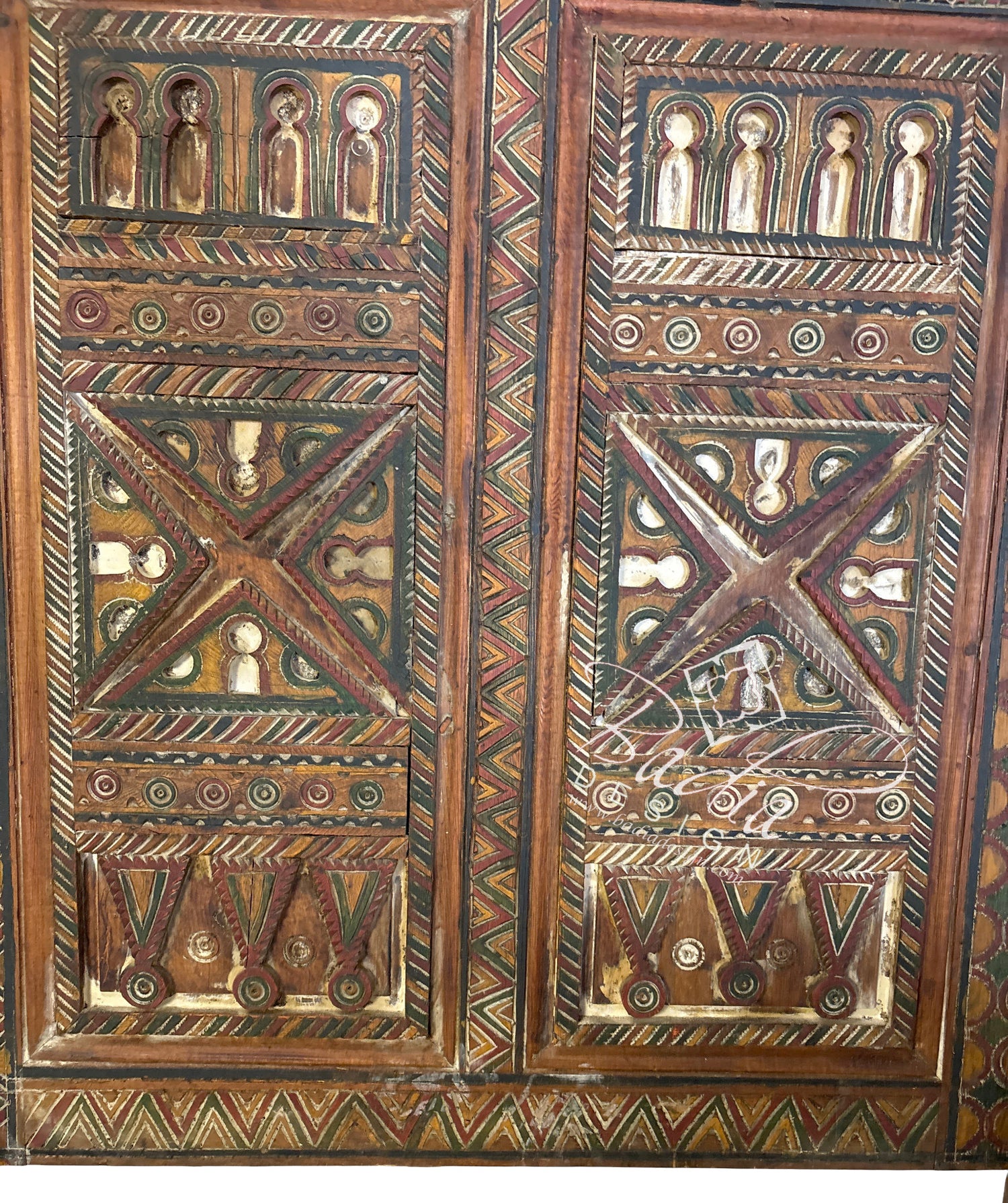 Vintage Wooden Door with Hand Painted Geometric Designs